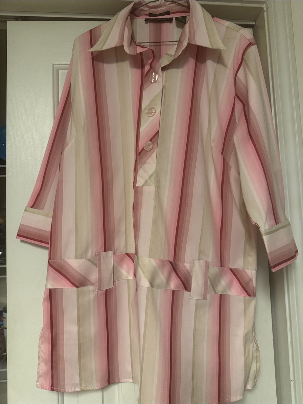 Ashley Stewart Pink and Cream Striped Button Blouse